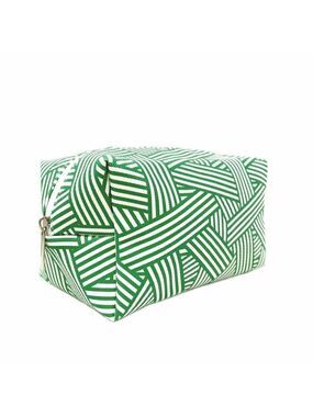 Green & white striped geometric cosmetic bag. travel  toiletries bag  New 6x4x4"